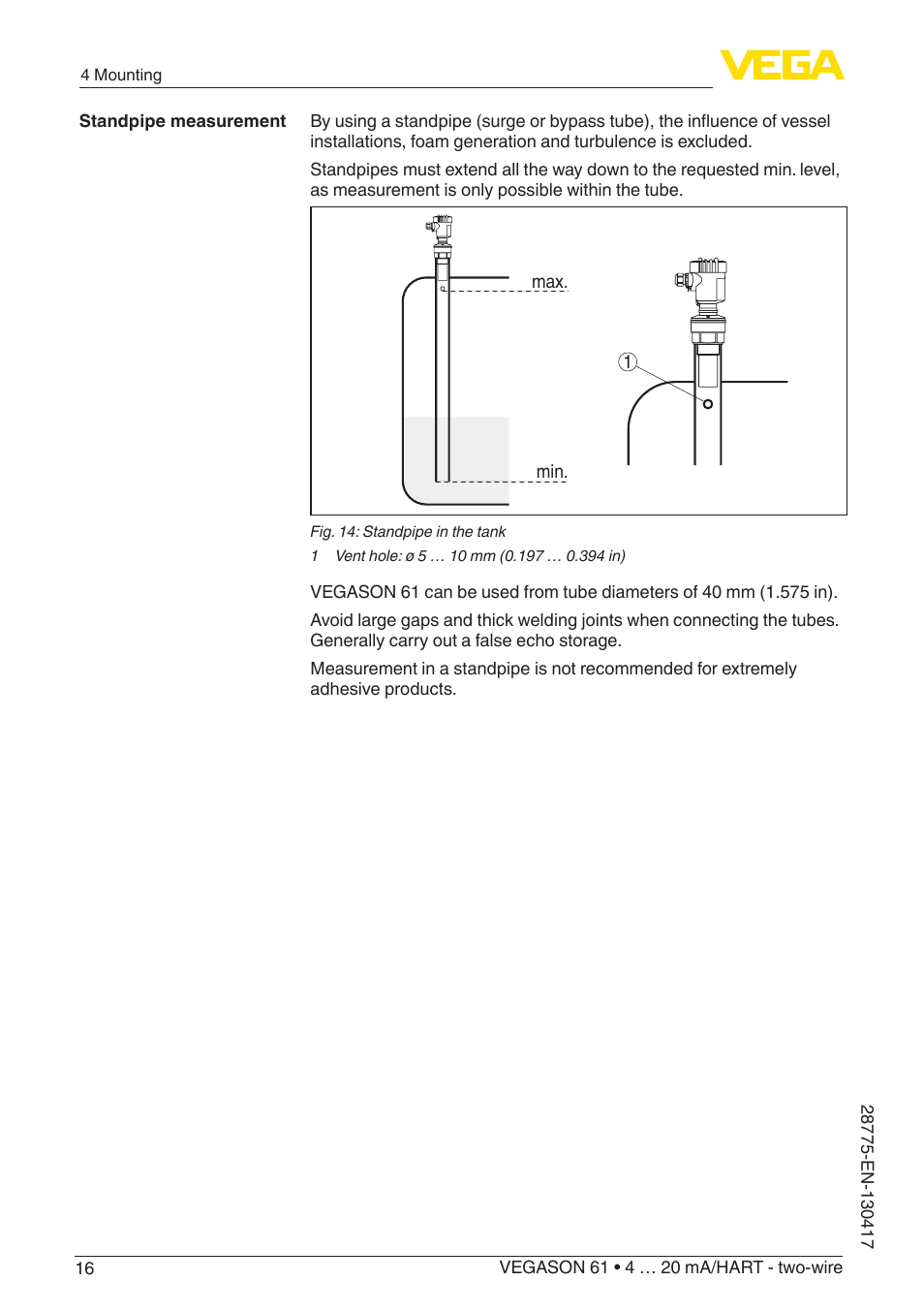 VEGA VEGASON 61 4 … 20 mA_HART - two-wire User Manual | Page 16 / 52