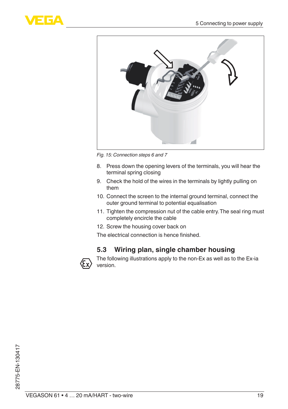 3 wiring plan, single chamber housing | VEGA VEGASON 61 4 … 20 mA_HART - two-wire User Manual | Page 19 / 52