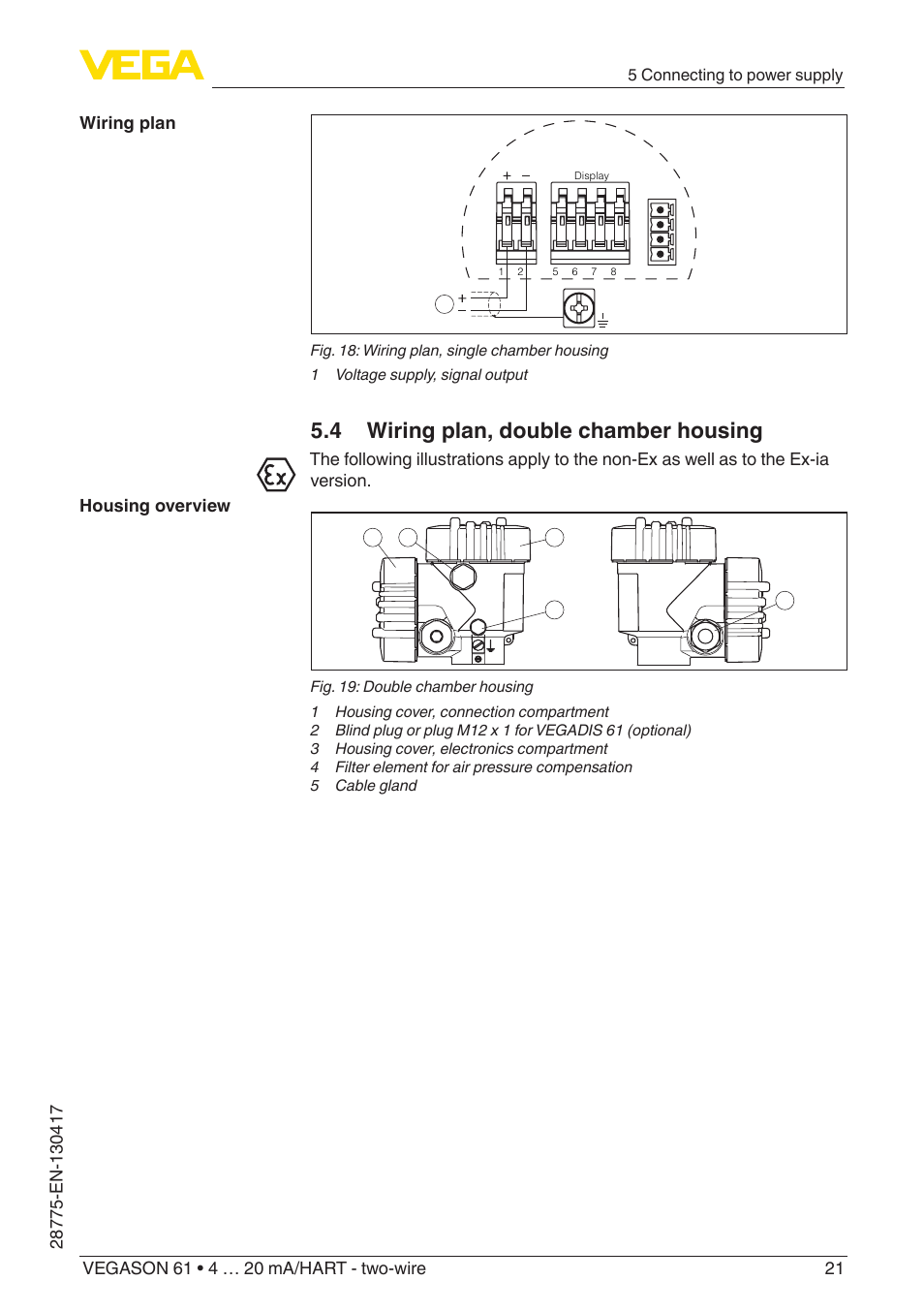 4 wiring plan, double chamber housing | VEGA VEGASON 61 4 … 20 mA_HART - two-wire User Manual | Page 21 / 52