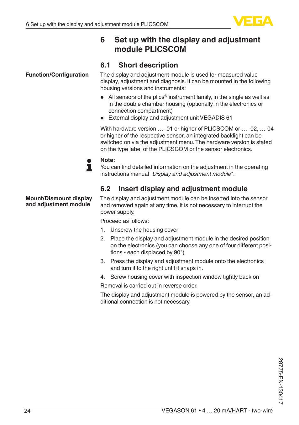 VEGA VEGASON 61 4 … 20 mA_HART - two-wire User Manual | Page 24 / 52