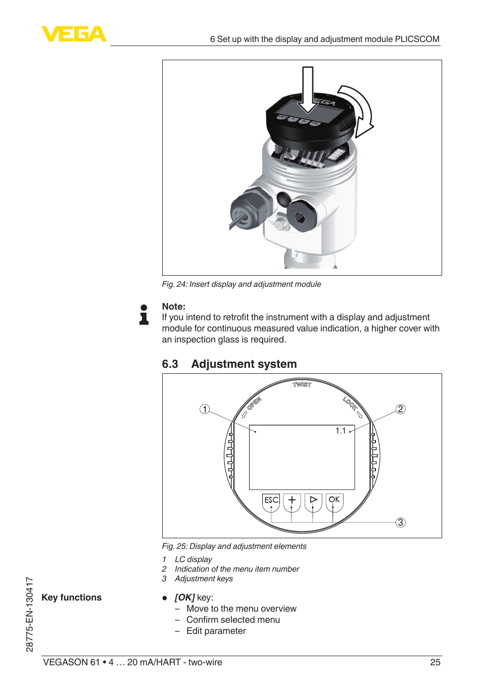 3 adjustment system | VEGA VEGASON 61 4 … 20 mA_HART - two-wire User Manual | Page 25 / 52