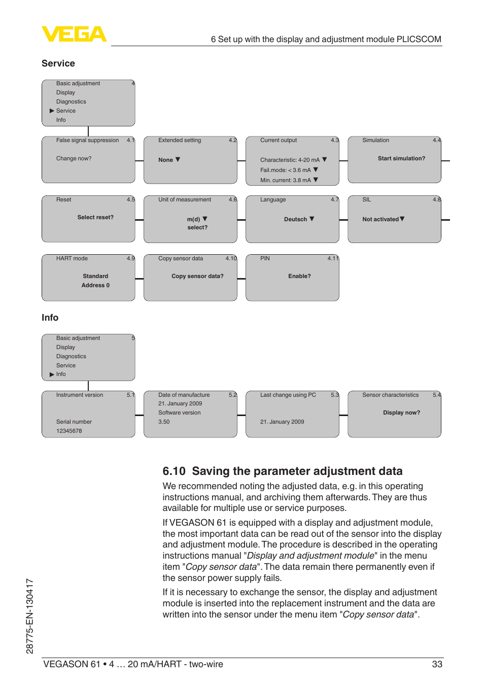 10 saving the parameter adjustment data, Info | VEGA VEGASON 61 4 … 20 mA_HART - two-wire User Manual | Page 33 / 52