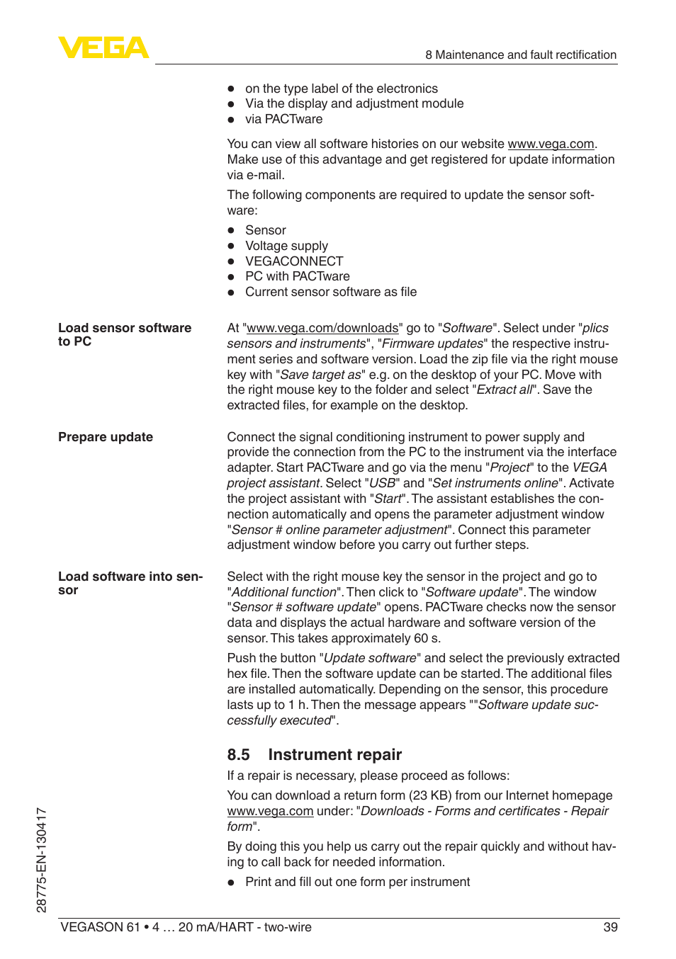 VEGA VEGASON 61 4 … 20 mA_HART - two-wire User Manual | Page 39 / 52