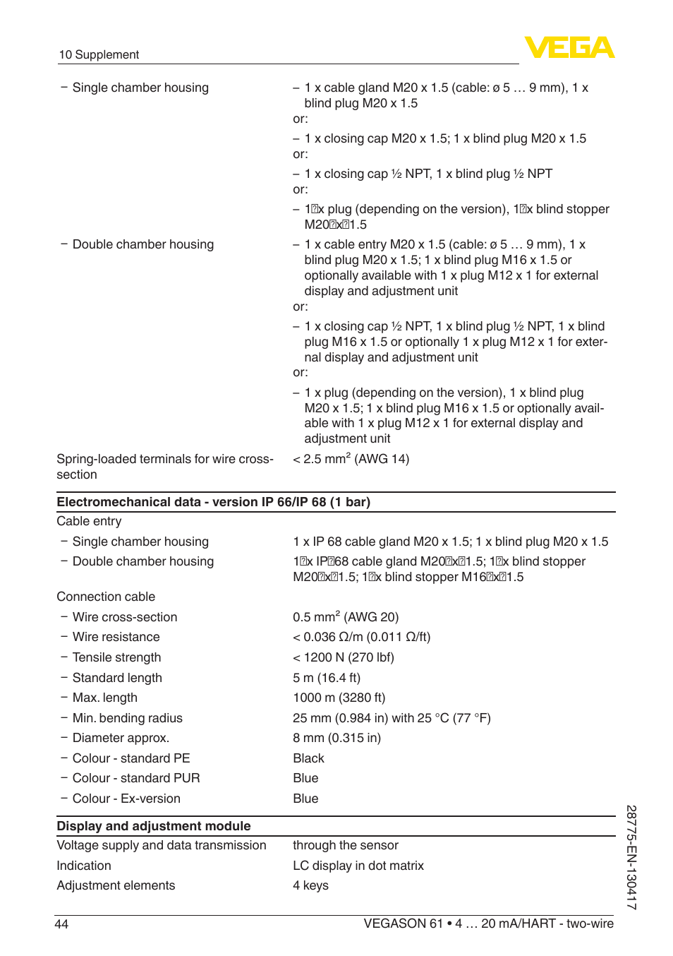 VEGA VEGASON 61 4 … 20 mA_HART - two-wire User Manual | Page 44 / 52