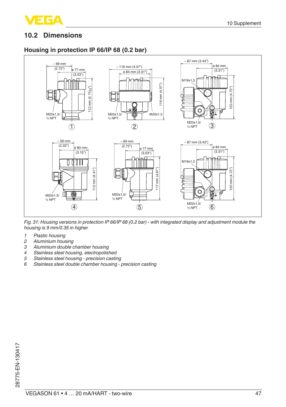 2 dimensions, 10 supplement | VEGA VEGASON 61 4 … 20 mA_HART - two-wire User Manual | Page 47 / 52