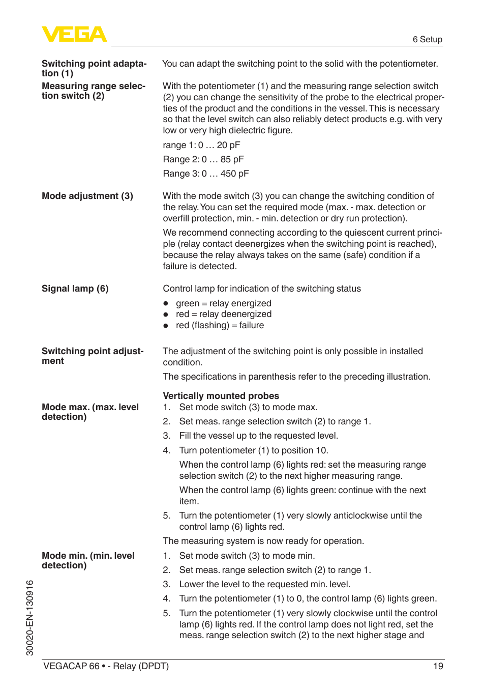 VEGA VEGACAP 66 - Relay (DPDT) User Manual | Page 19 / 36
