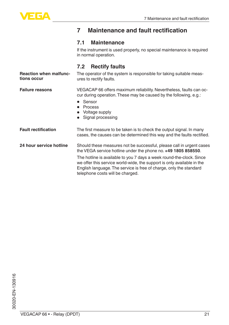 7 maintenance and fault rectification, 1 maintenance, 2 rectify faults | VEGA VEGACAP 66 - Relay (DPDT) User Manual | Page 21 / 36