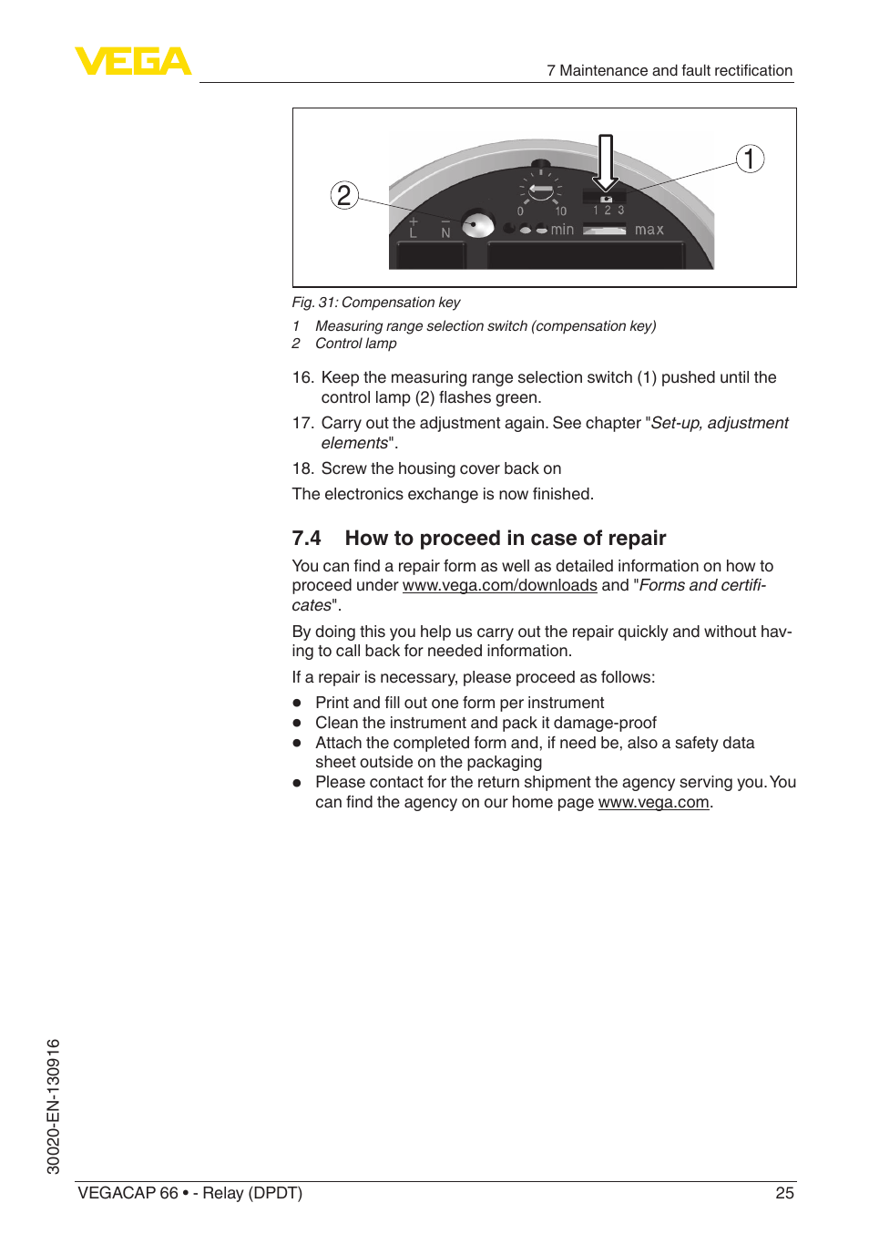 4 how to proceed in case of repair | VEGA VEGACAP 66 - Relay (DPDT) User Manual | Page 25 / 36