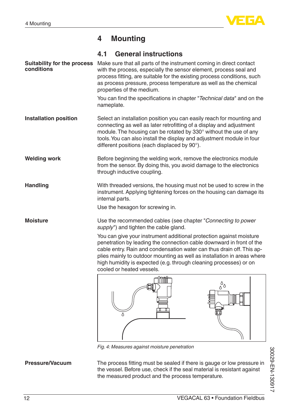 4 mounting, 1 general instructions | VEGA VEGACAL 63 Foundation Fieldbus User Manual | Page 12 / 52