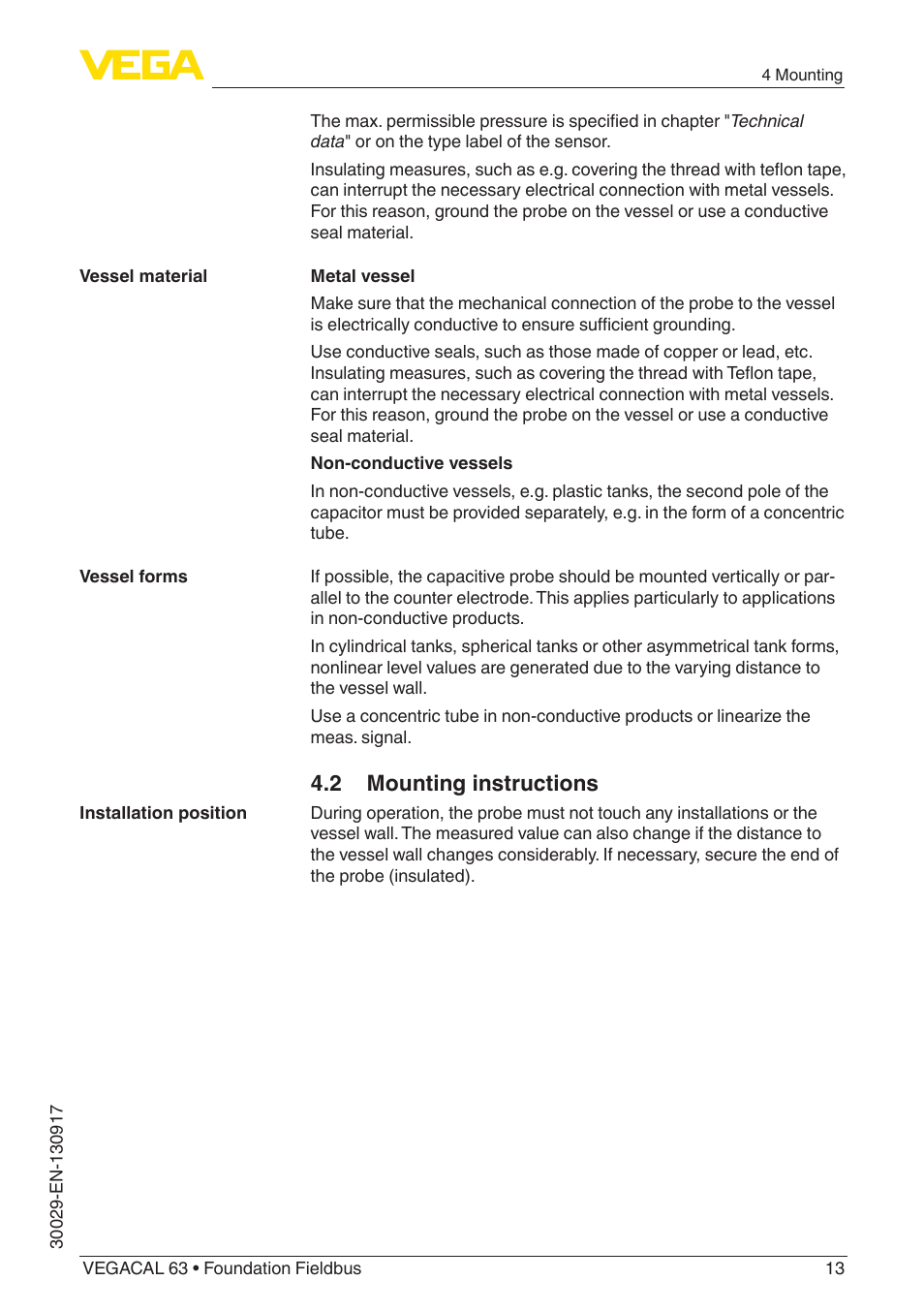 2 mounting instructions | VEGA VEGACAL 63 Foundation Fieldbus User Manual | Page 13 / 52