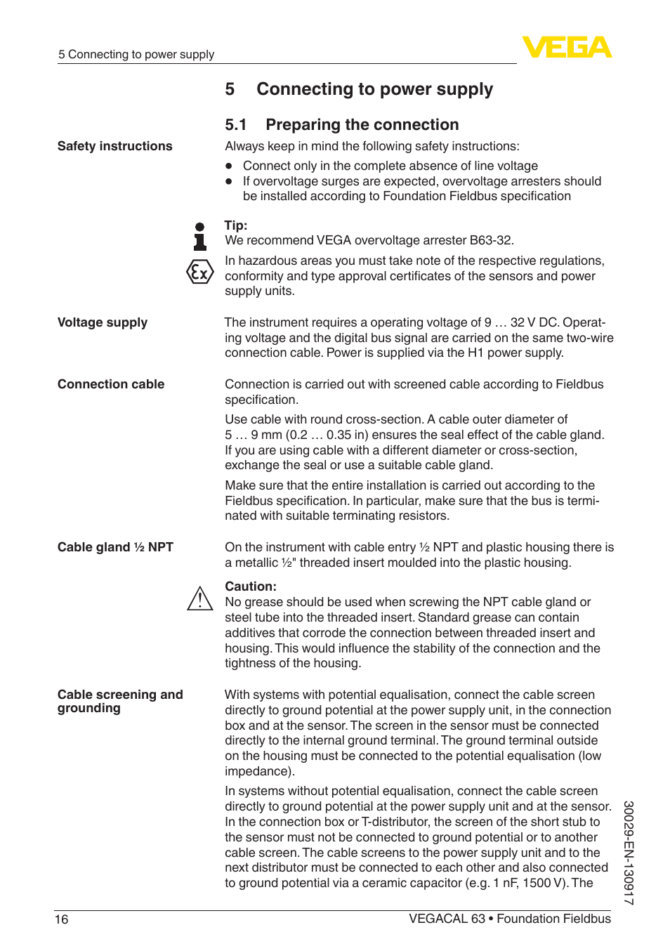 5 connecting to power supply, 1 preparing the connection | VEGA VEGACAL 63 Foundation Fieldbus User Manual | Page 16 / 52