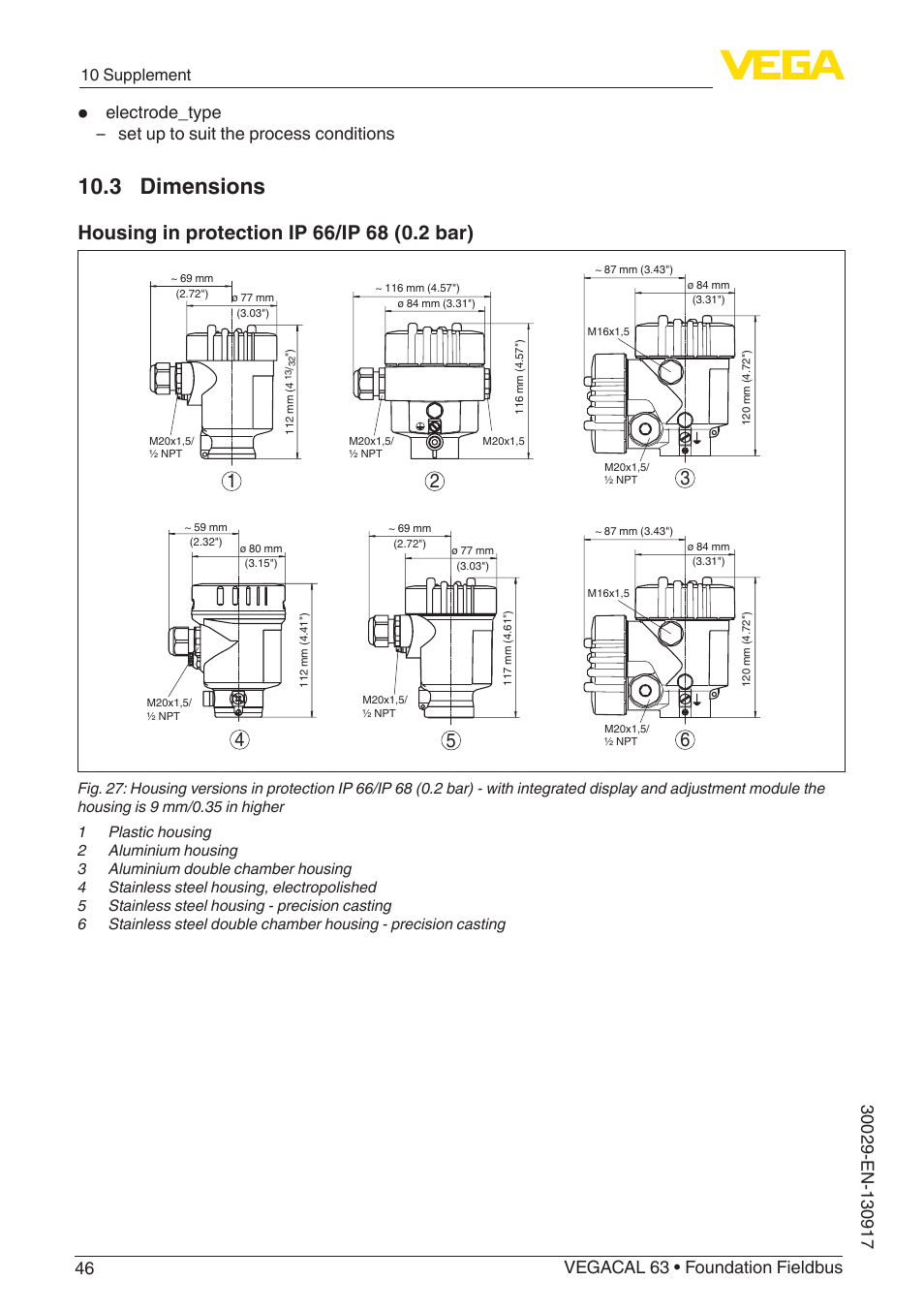3 dimensions, 10 supplement | VEGA VEGACAL 63 Foundation Fieldbus User Manual | Page 46 / 52