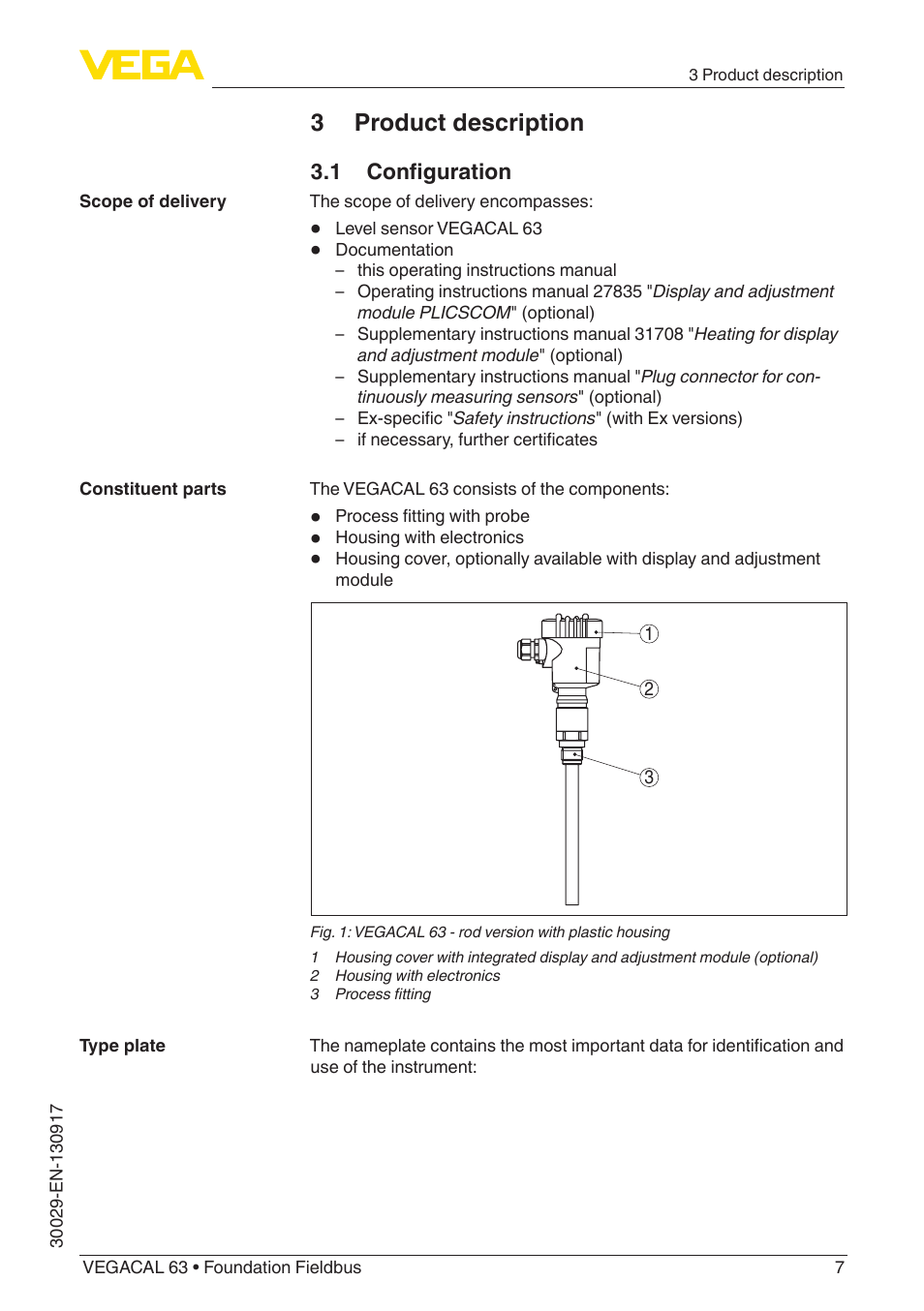3 product description, 1 configuration | VEGA VEGACAL 63 Foundation Fieldbus User Manual | Page 7 / 52