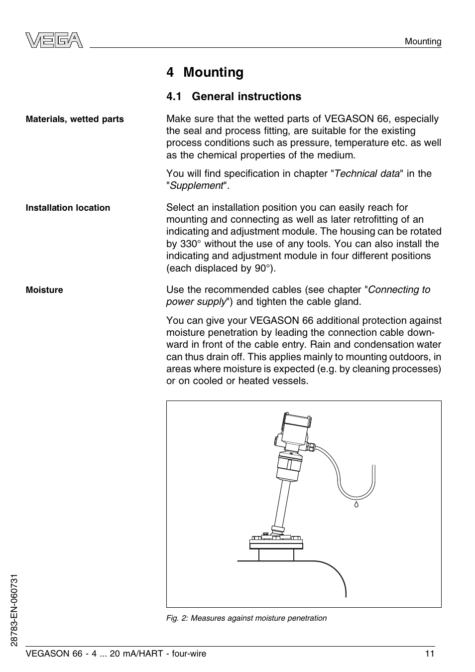 4 mounting, 1 general instructions | VEGA VEGASON 66 4 … 20 mA_HART four-wire User Manual | Page 11 / 60