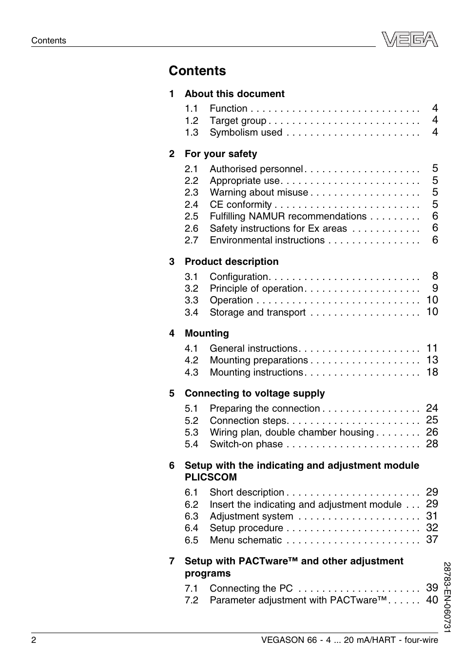 VEGA VEGASON 66 4 … 20 mA_HART four-wire User Manual | Page 2 / 60