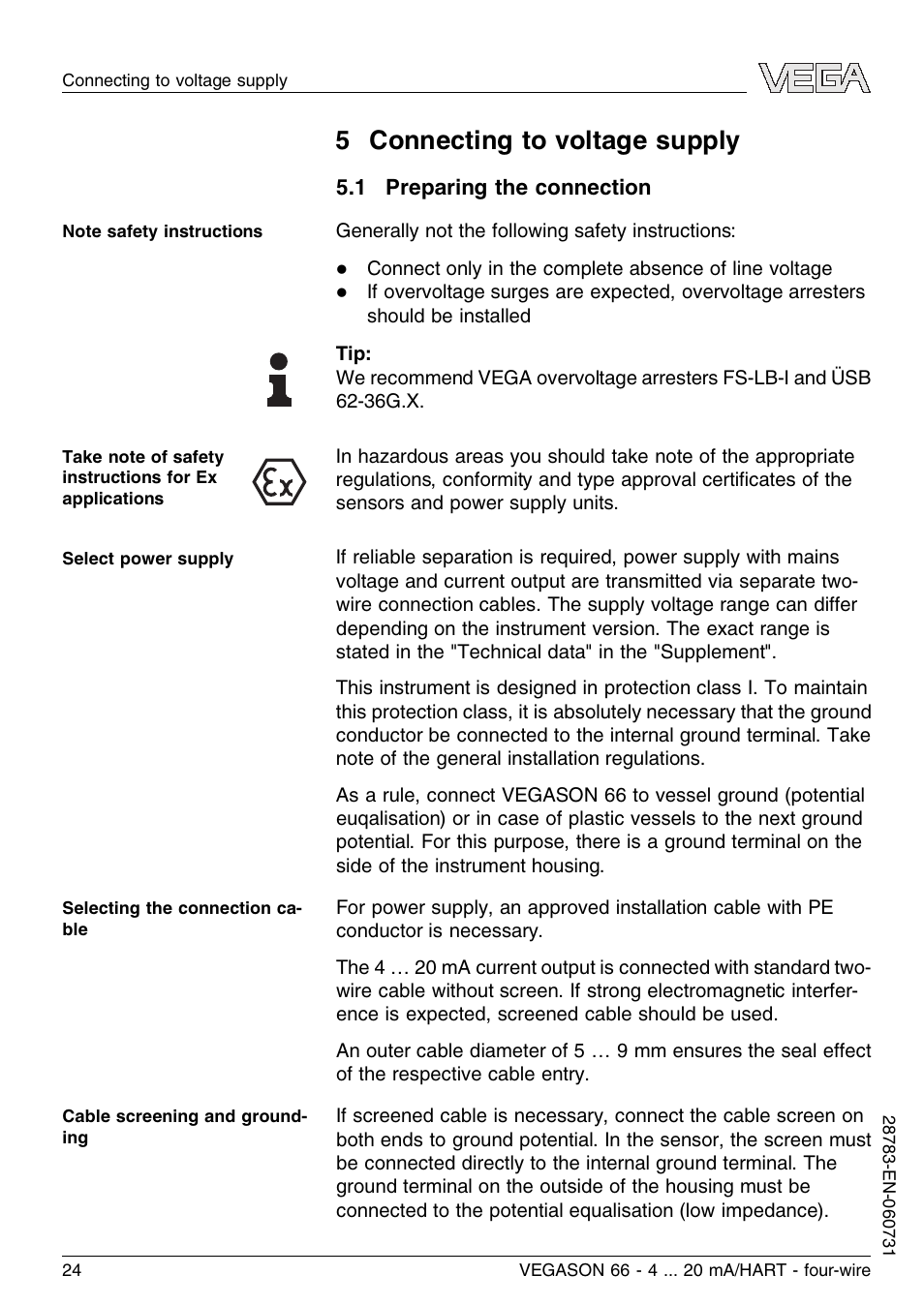 5 connecting to voltage supply, 1 preparing the connection | VEGA VEGASON 66 4 … 20 mA_HART four-wire User Manual | Page 24 / 60