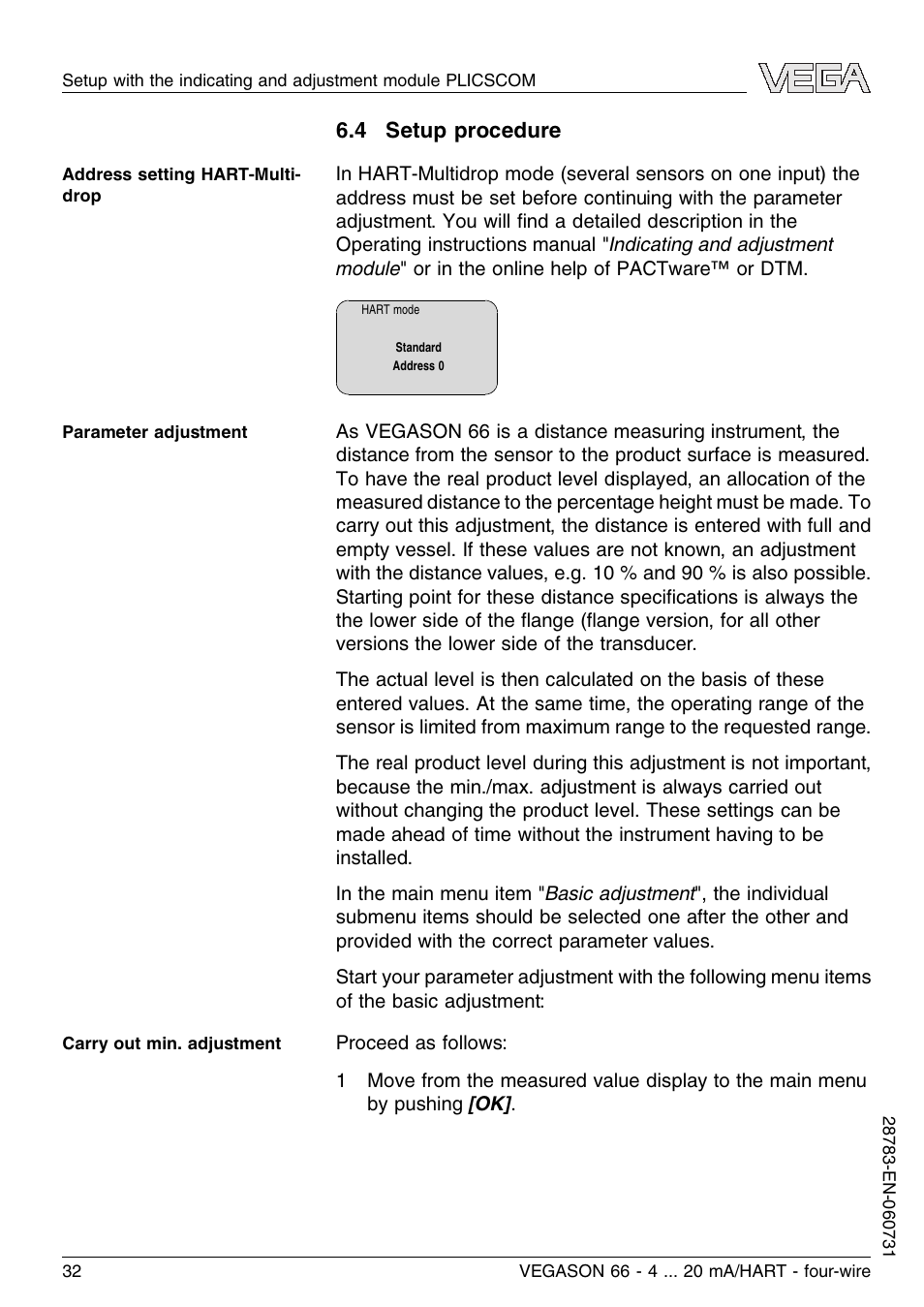 4 setup procedure | VEGA VEGASON 66 4 … 20 mA_HART four-wire User Manual | Page 32 / 60