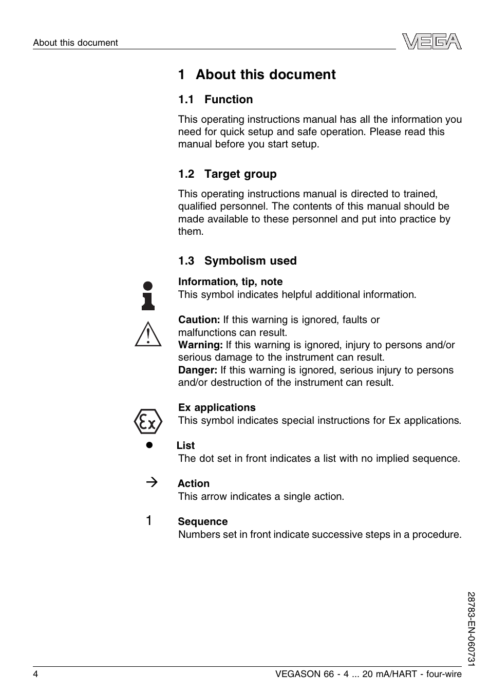1 about this document, 1 function, 2 target group | 3 symbolism used | VEGA VEGASON 66 4 … 20 mA_HART four-wire User Manual | Page 4 / 60