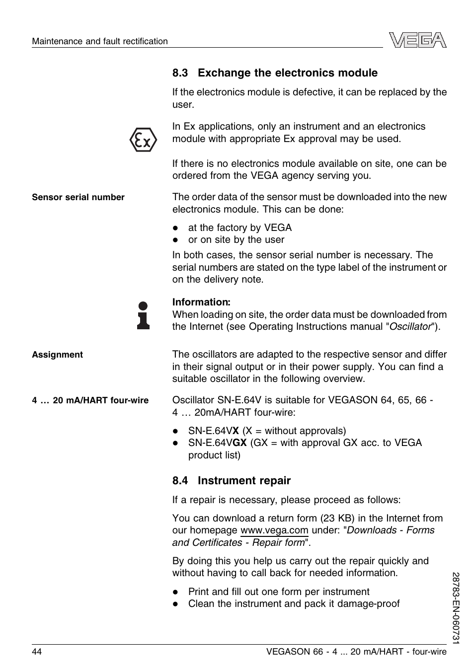 3 exchange the electronics module, 4 instrument repair | VEGA VEGASON 66 4 … 20 mA_HART four-wire User Manual | Page 44 / 60