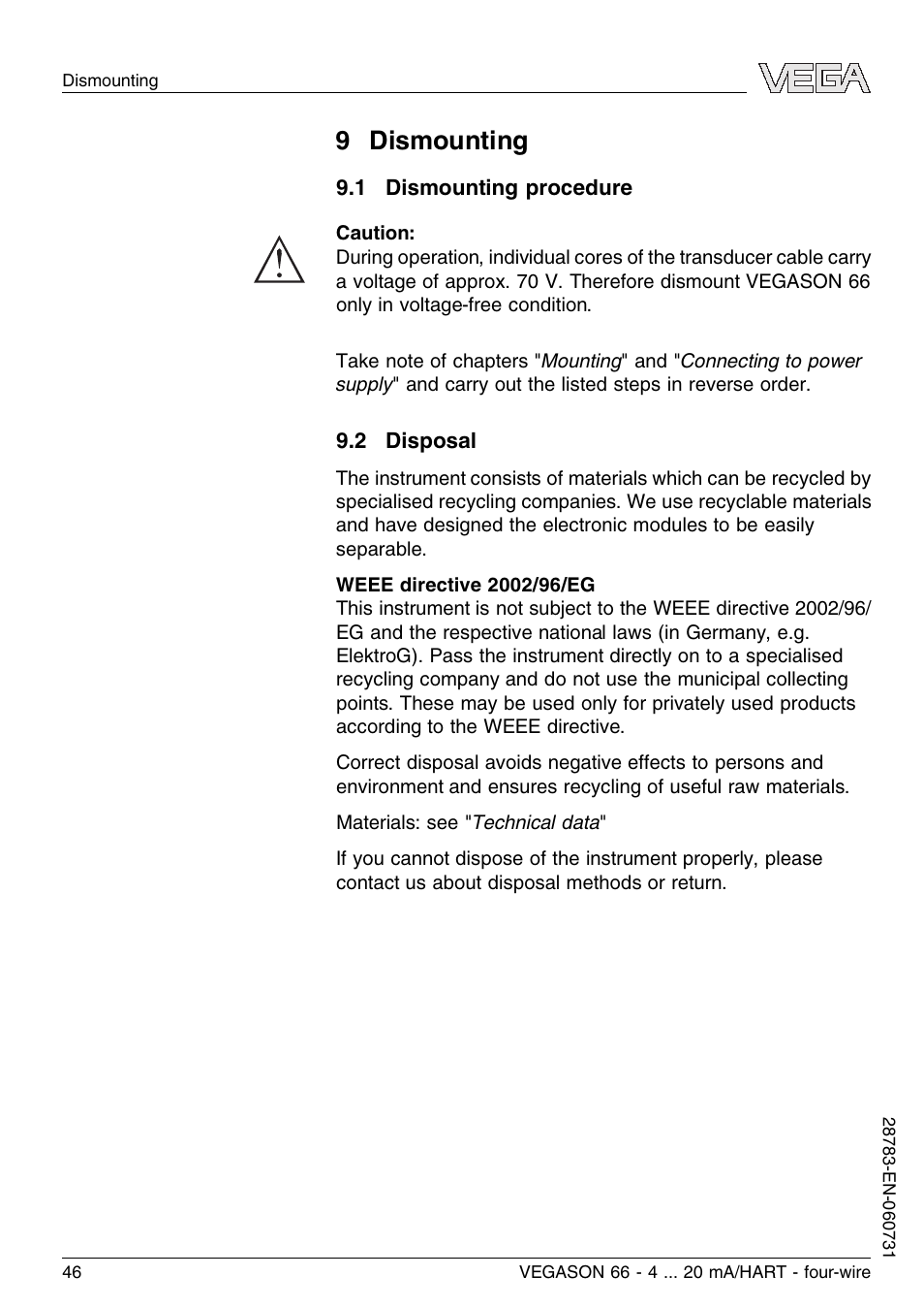 9 dismounting, 1 dismounting procedure, 2 disposal | VEGA VEGASON 66 4 … 20 mA_HART four-wire User Manual | Page 46 / 60