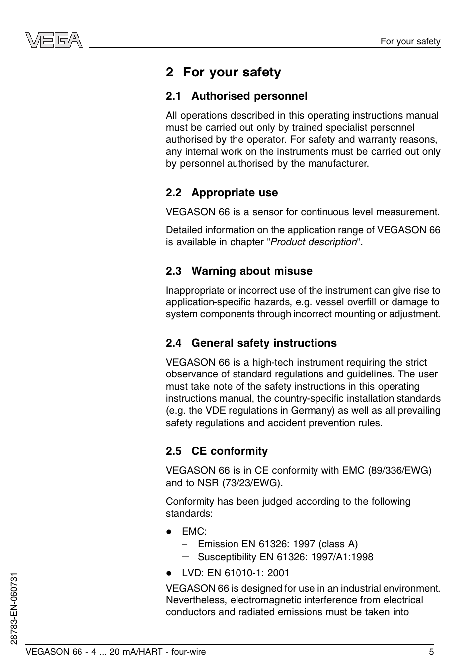 2 for your safety, 1 authorised personnel, 2 appropriate use | 3 warning about misuse, 4 general safety instructions, 5 ce conformity | VEGA VEGASON 66 4 … 20 mA_HART four-wire User Manual | Page 5 / 60