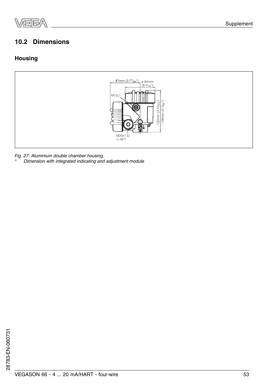 2 dimensions, Housing | VEGA VEGASON 66 4 … 20 mA_HART four-wire User Manual | Page 53 / 60