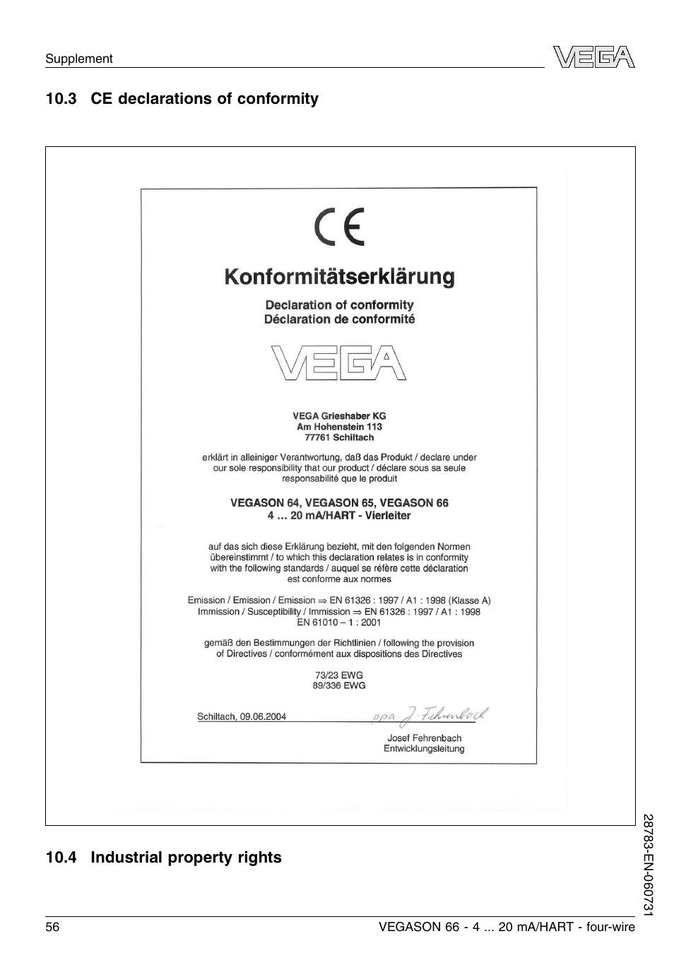 3 ce declarations of conformity, 4 industrial property rights | VEGA VEGASON 66 4 … 20 mA_HART four-wire User Manual | Page 56 / 60