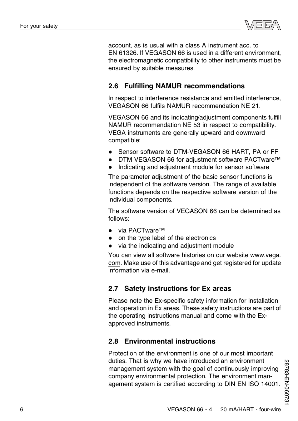 6 fulfilling namur recommendations, 7 safety instructions for ex areas, 8 environmental instructions | VEGA VEGASON 66 4 … 20 mA_HART four-wire User Manual | Page 6 / 60