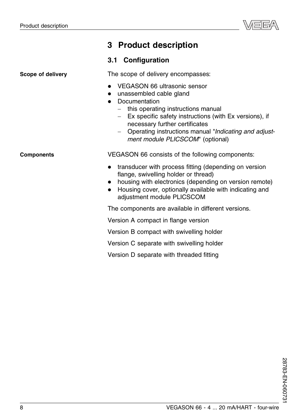 3 product description, 1 configuration | VEGA VEGASON 66 4 … 20 mA_HART four-wire User Manual | Page 8 / 60