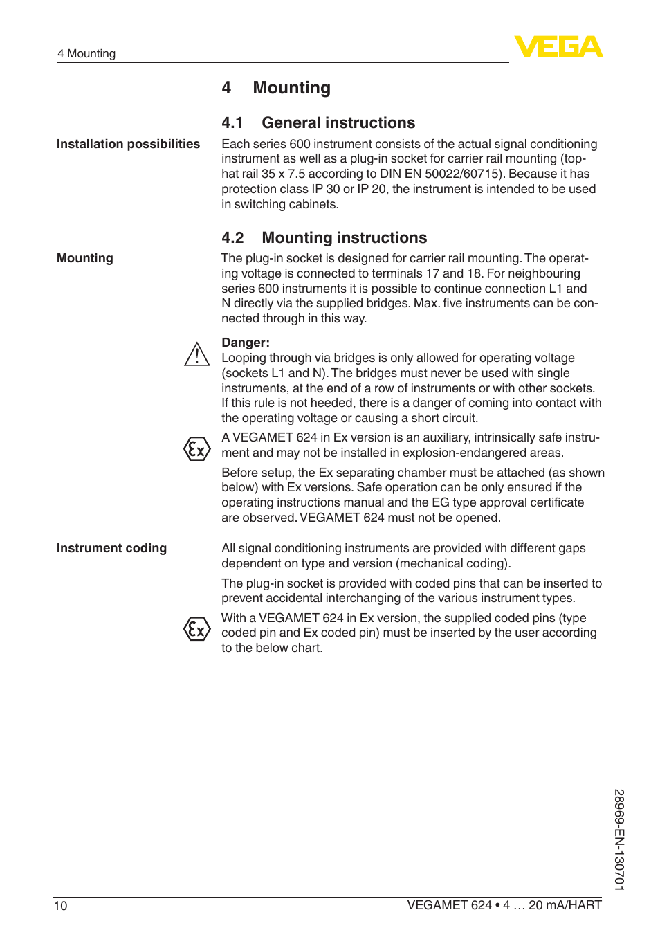 4 mounting, 1 general instructions, 2 mounting instructions | VEGA VEGAMET 624 User Manual | Page 10 / 56