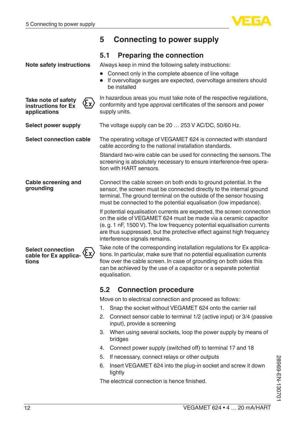 5 connecting to power supply, 1 preparing the connection, 2 connection procedure | VEGA VEGAMET 624 User Manual | Page 12 / 56