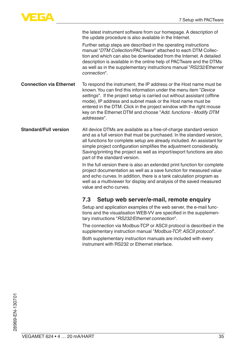3 setup web server/e-mail, remote enquiry | VEGA VEGAMET 624 User Manual | Page 35 / 56