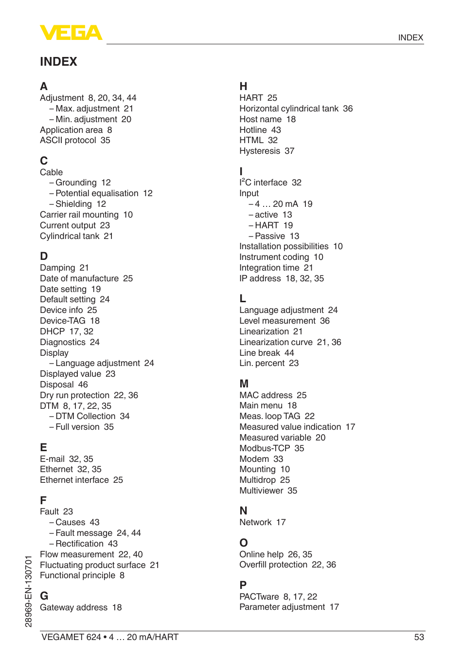 Index | VEGA VEGAMET 624 User Manual | Page 53 / 56