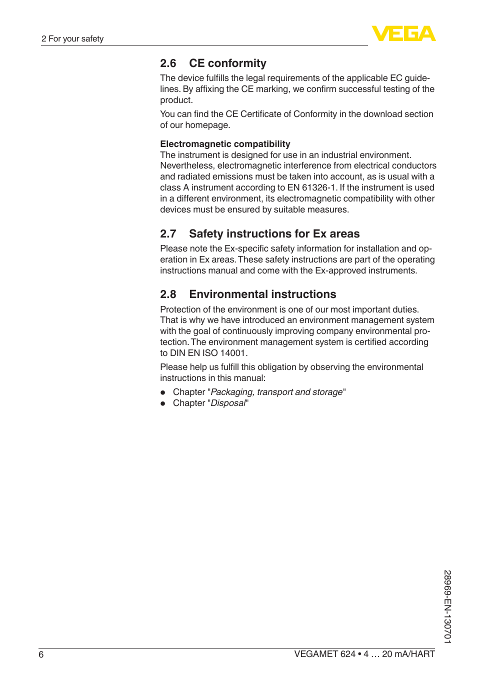 6 ce conformity, 7 safety instructions for ex areas, 8 environmental instructions | VEGA VEGAMET 624 User Manual | Page 6 / 56
