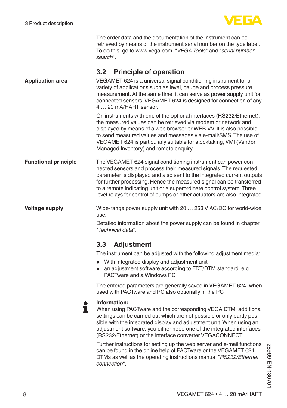 2 principle of operation, 3 adjustment | VEGA VEGAMET 624 User Manual | Page 8 / 56