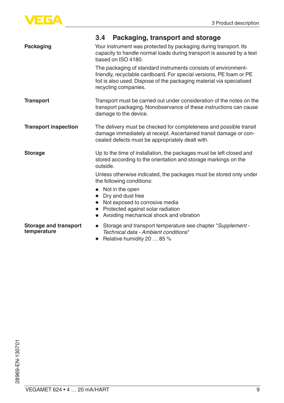 4 packaging, transport and storage | VEGA VEGAMET 624 User Manual | Page 9 / 56