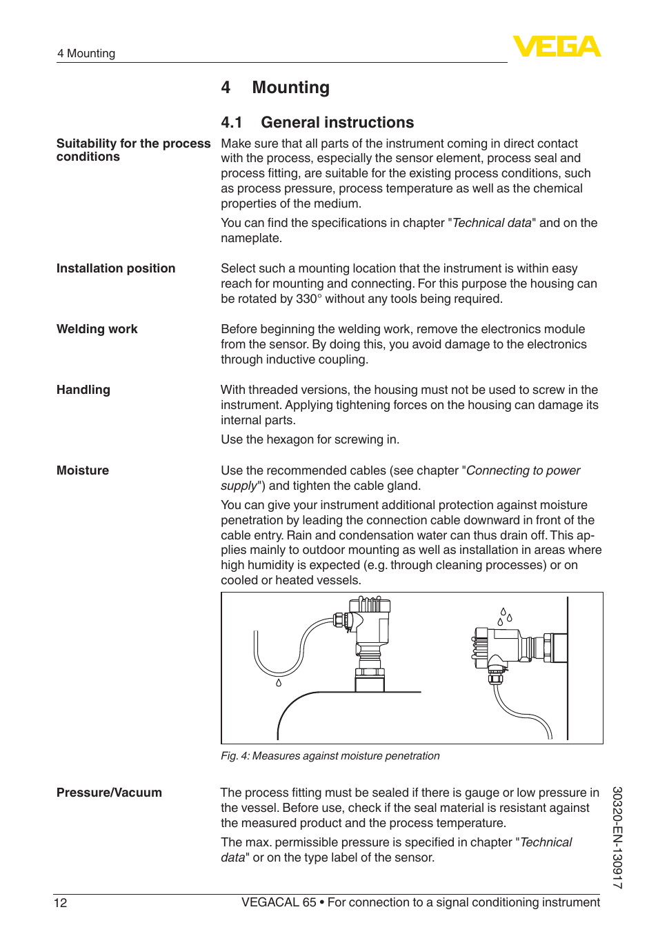 4 mounting, 1 general instructions | VEGA VEGACAL 65 For connection to a signal conditioning instrument User Manual | Page 12 / 36