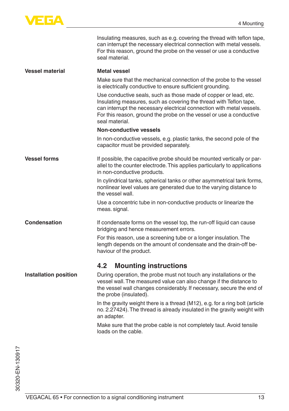 2 mounting instructions | VEGA VEGACAL 65 For connection to a signal conditioning instrument User Manual | Page 13 / 36