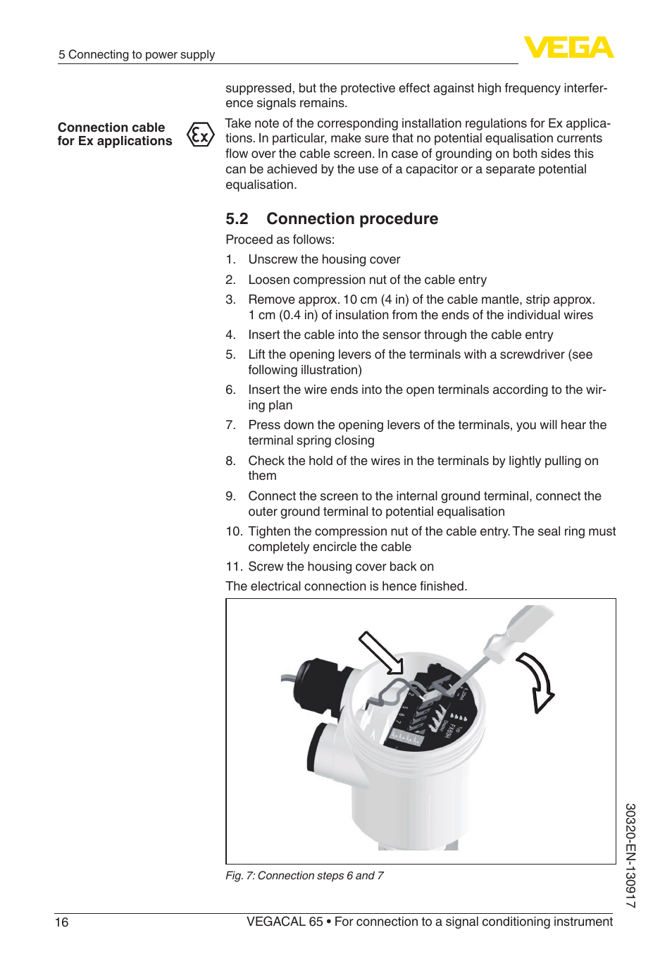 2 connection procedure | VEGA VEGACAL 65 For connection to a signal conditioning instrument User Manual | Page 16 / 36