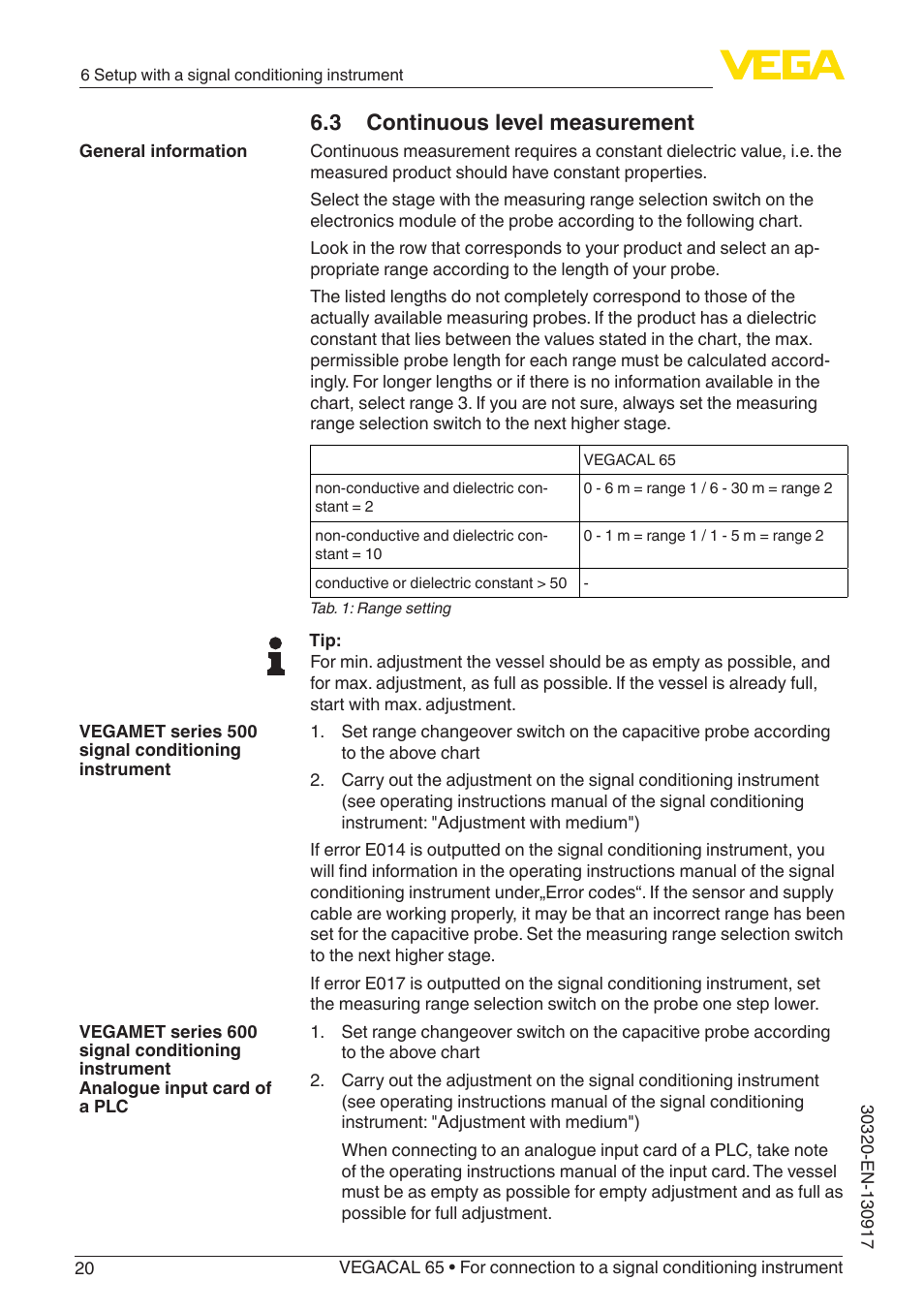 3 continuous level measurement | VEGA VEGACAL 65 For connection to a signal conditioning instrument User Manual | Page 20 / 36