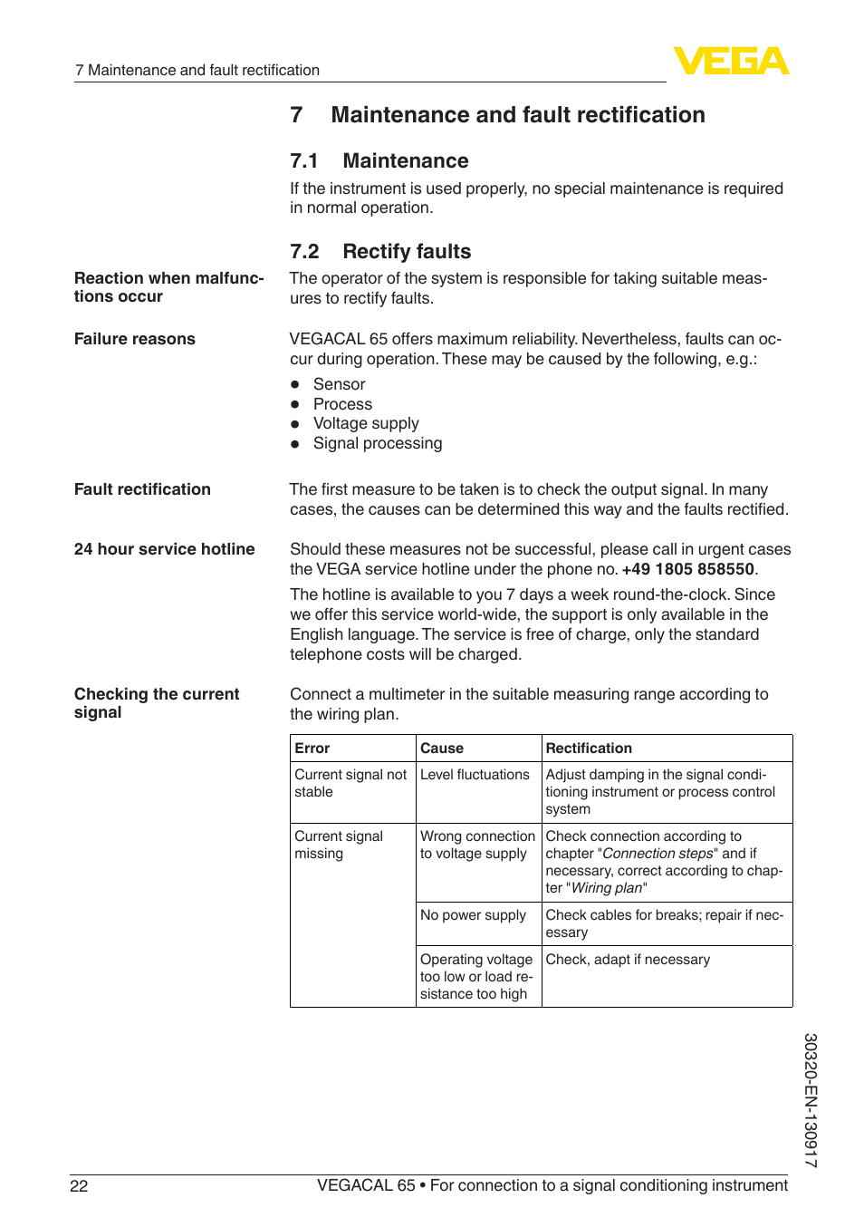 7 maintenance and fault rectification, 1 maintenance, 2 rectify faults | VEGA VEGACAL 65 For connection to a signal conditioning instrument User Manual | Page 22 / 36