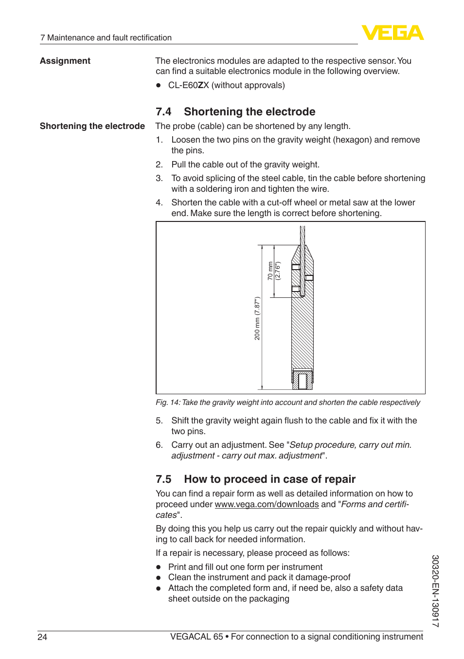 4 shortening the electrode, 5 how to proceed in case of repair | VEGA VEGACAL 65 For connection to a signal conditioning instrument User Manual | Page 24 / 36