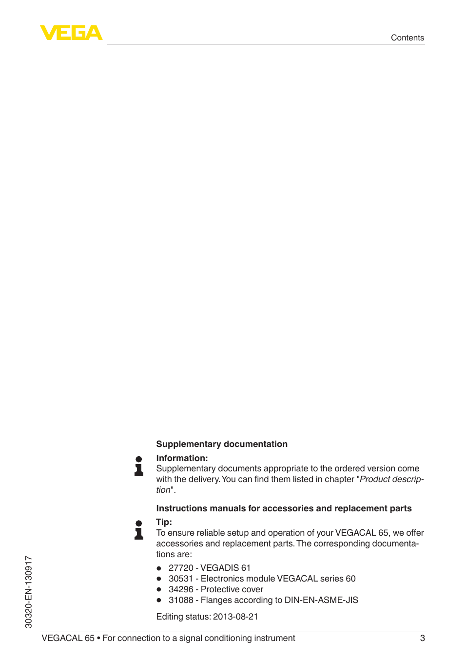 VEGA VEGACAL 65 For connection to a signal conditioning instrument User Manual | Page 3 / 36