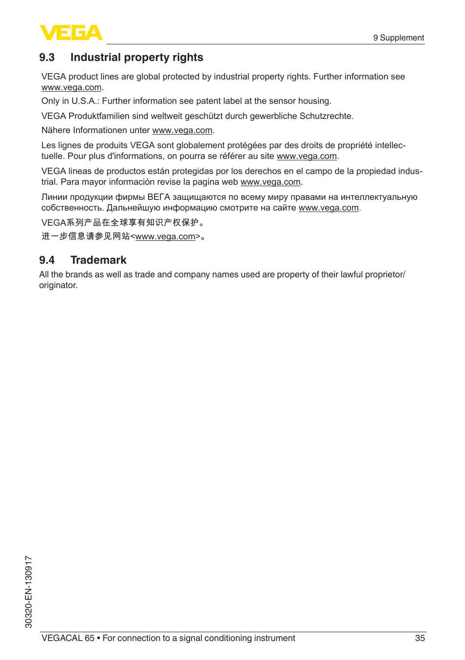 3 industrial property rights, 4 trademark | VEGA VEGACAL 65 For connection to a signal conditioning instrument User Manual | Page 35 / 36