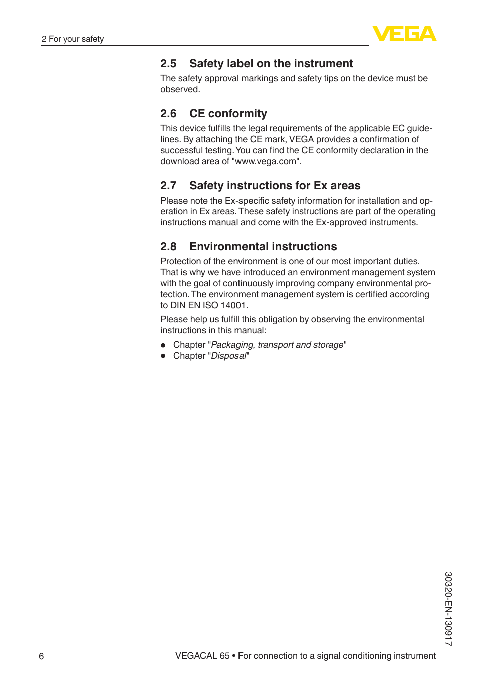 5 safety label on the instrument, 6 ce conformity, 7 safety instructions for ex areas | 8 environmental instructions | VEGA VEGACAL 65 For connection to a signal conditioning instrument User Manual | Page 6 / 36