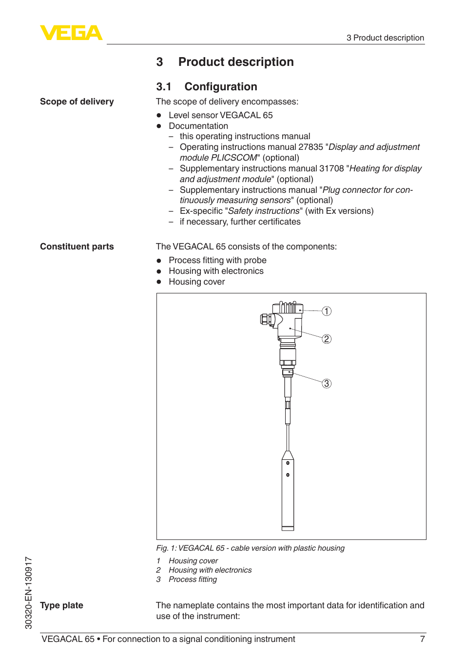 3 product description, 1 configuration | VEGA VEGACAL 65 For connection to a signal conditioning instrument User Manual | Page 7 / 36