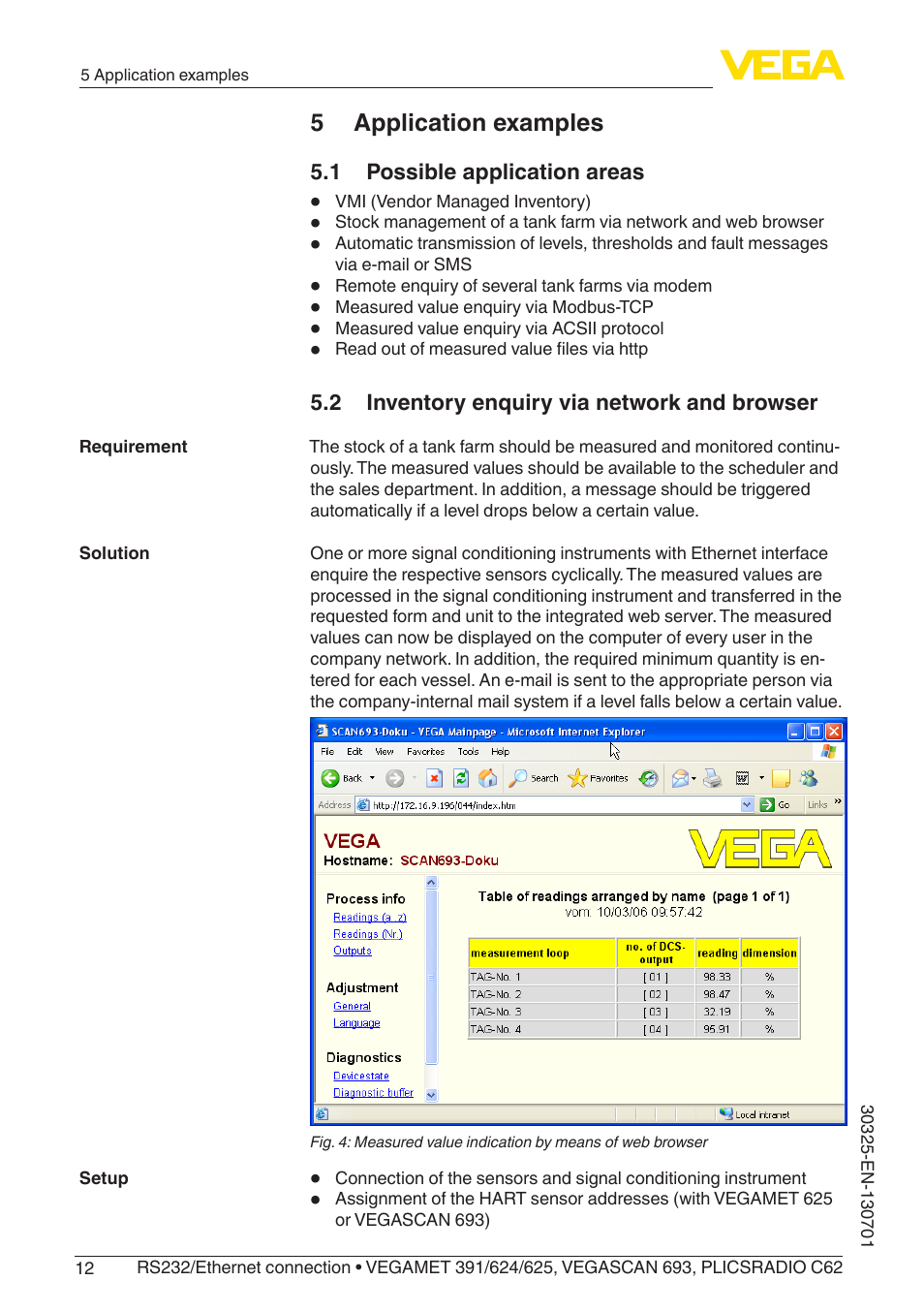 5 application examples, 1 possible application areas, 2 inventory enquiry via network and browser | VEGA RS232_Ethernet connection User Manual | Page 12 / 64