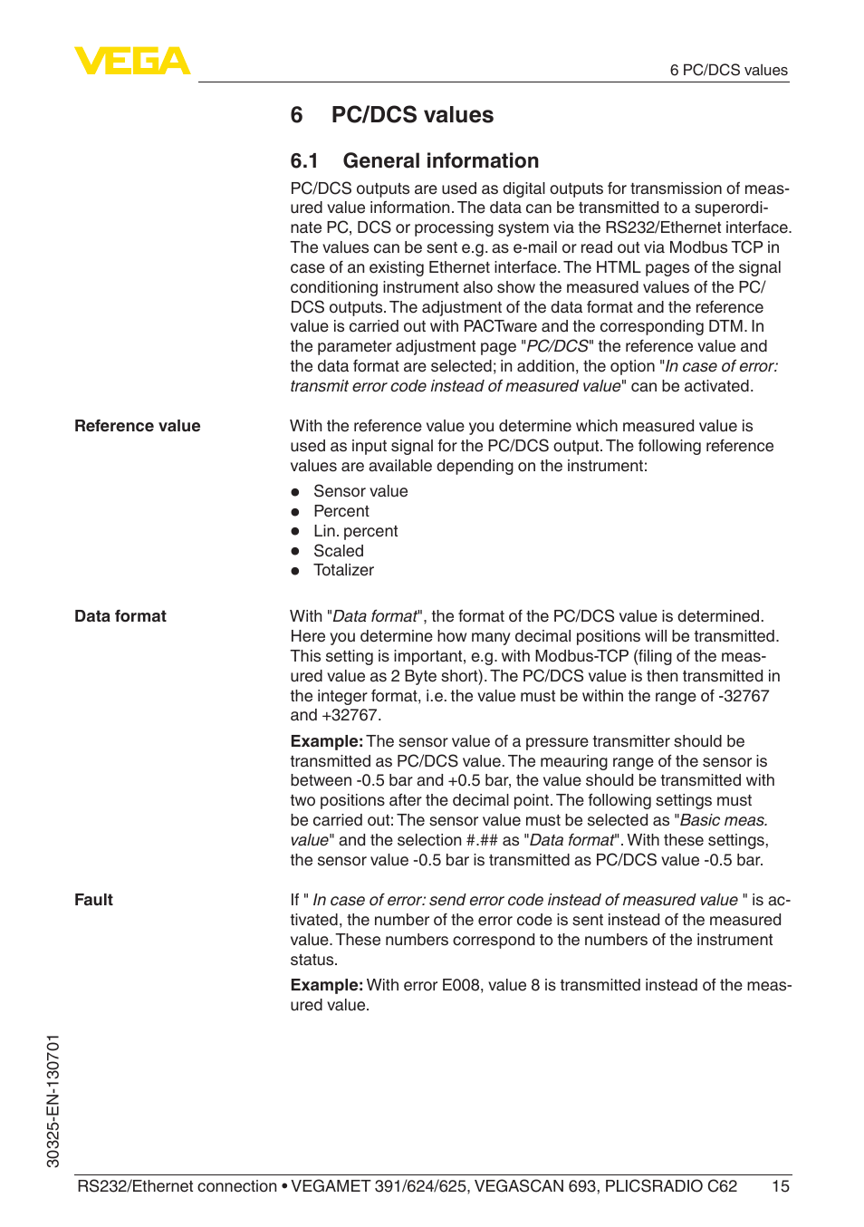 6 pc/dcs values, 1 general information | VEGA RS232_Ethernet connection User Manual | Page 15 / 64