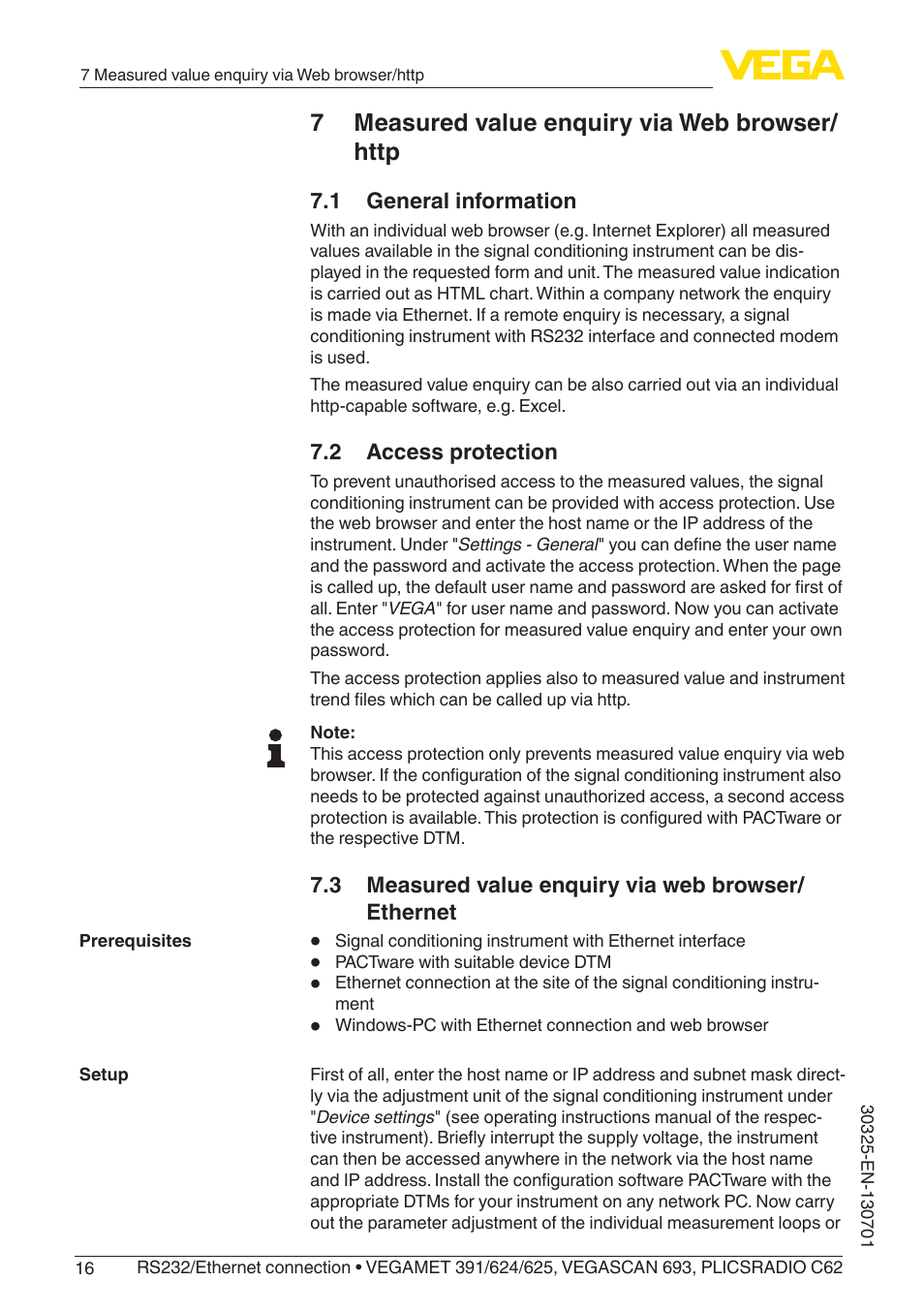 7 measured value enquiry via web browser/http, 1 general information, 2 access protection | 3 measured value enquiry via web browser/ethernet | VEGA RS232_Ethernet connection User Manual | Page 16 / 64