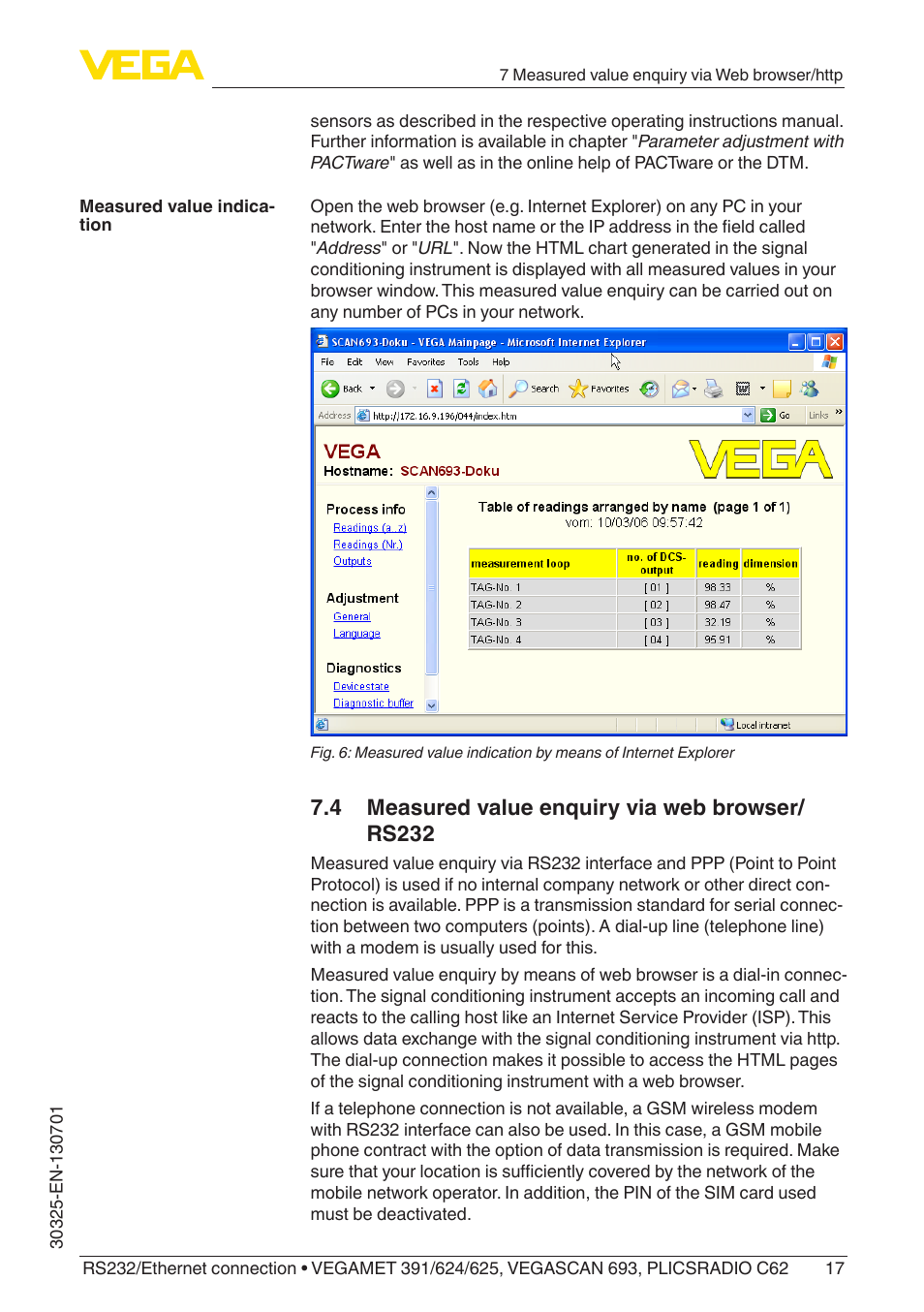 4 measured value enquiry via web browser/rs232, 4 measured value enquiry via web browser/ rs232 | VEGA RS232_Ethernet connection User Manual | Page 17 / 64